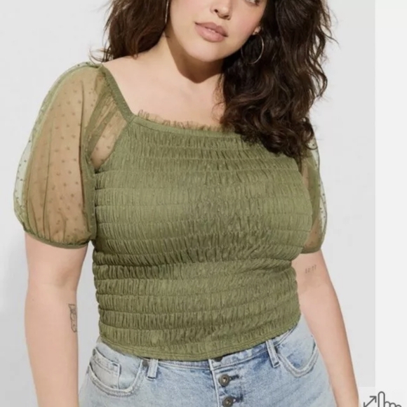 Torrid 3 Smocked Crop Top Mesh Sleeves - Picture 1 of 4